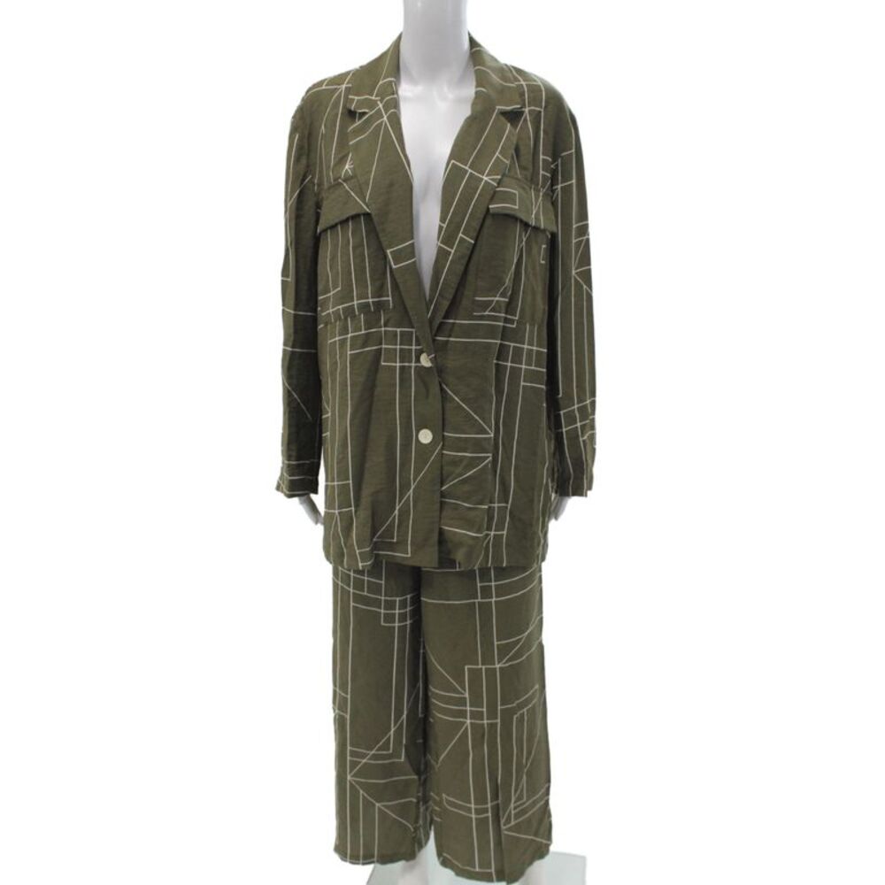 Zara Women Set Green Collared Button Long Sleeve Geometric Viscose Size M